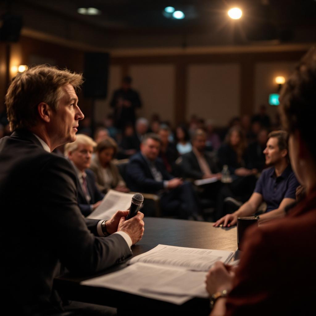 A panel discussion taking place in a conference setting with an audience in the background.