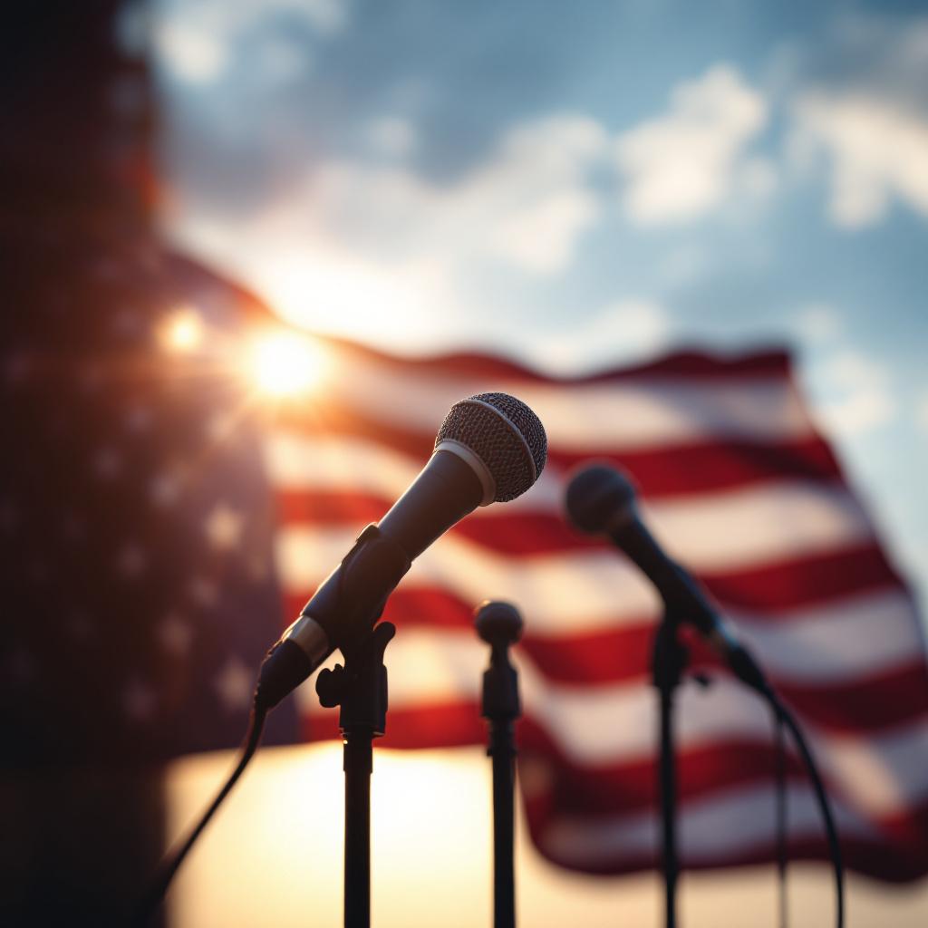 Two microphones are positioned in front of an American flag with a sunset backdrop.
