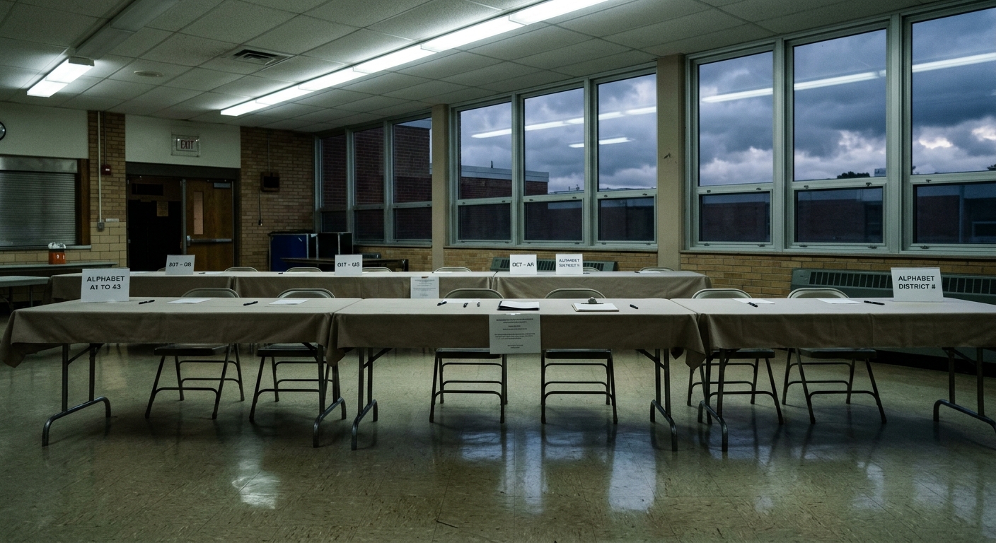 An empty room set up for a voting event with tables and chairs arranged.