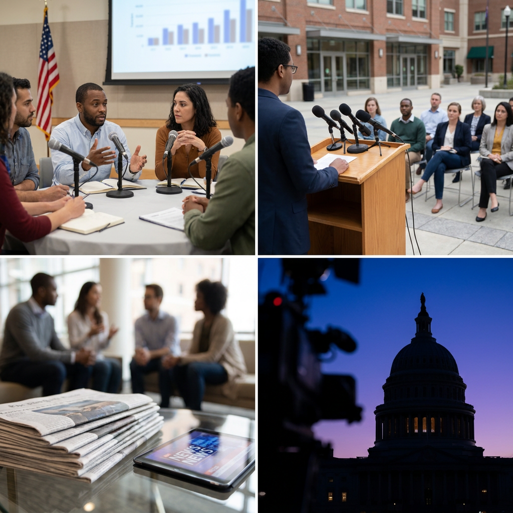 A collage of images depicting a discussion panel, a press conference, a group conversation, and a newspaper with a smartphone.