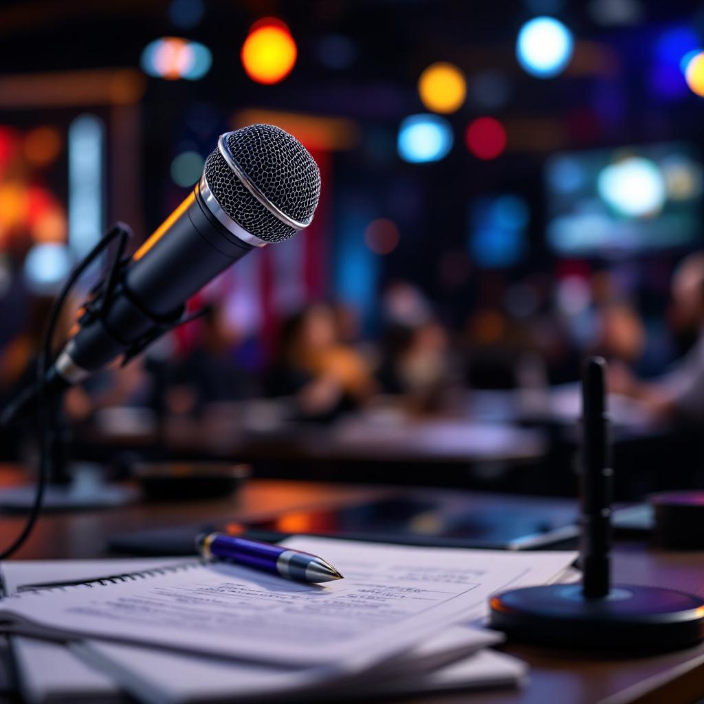 A microphone is positioned in the foreground with notes and a pen on a table, while a blurred audience is visible in the background.