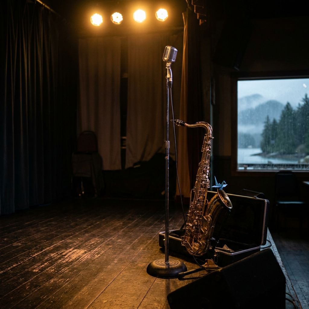 A saxophone stands next to a microphone on a stage with a scenic view in the background.