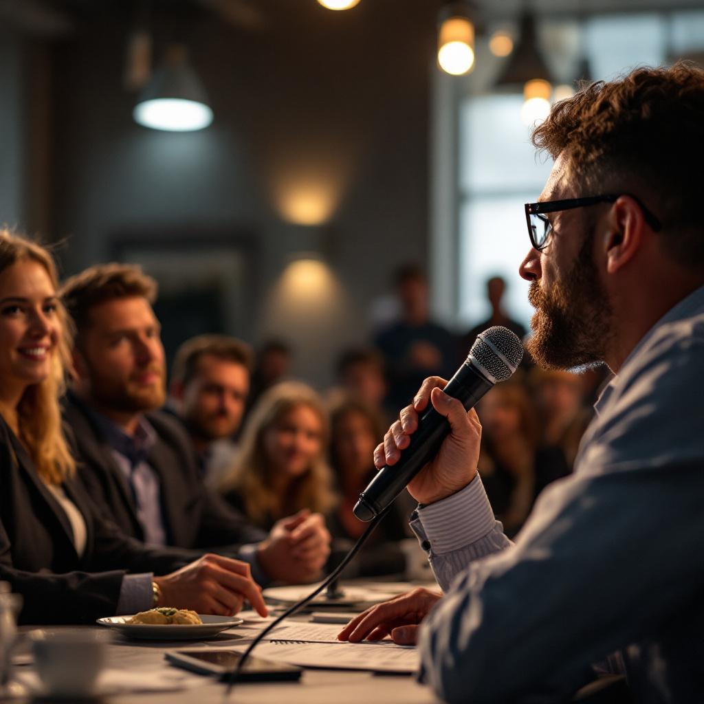 A man speaking into a microphone while seated at a table with an audience in a conference setting.