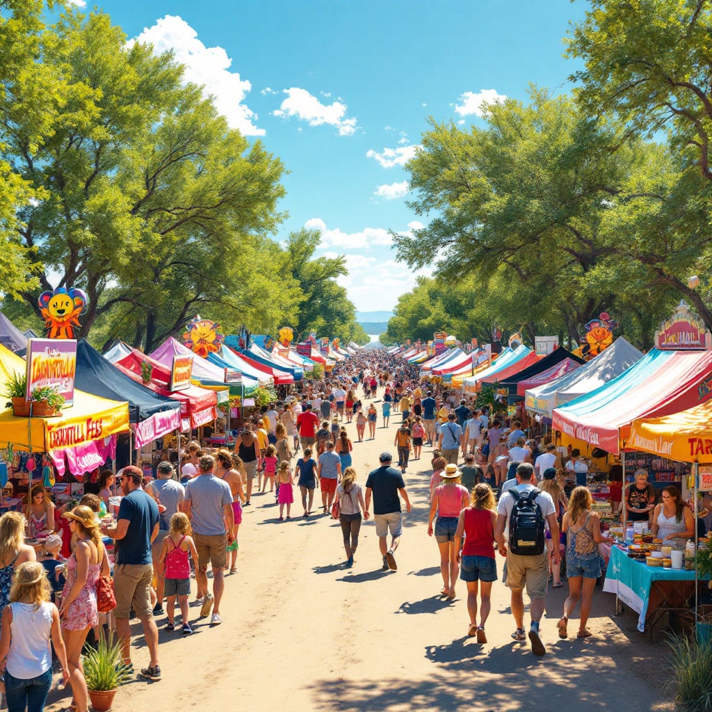 A vibrant outdoor market with colorful stalls and a crowd of people enjoying the event.