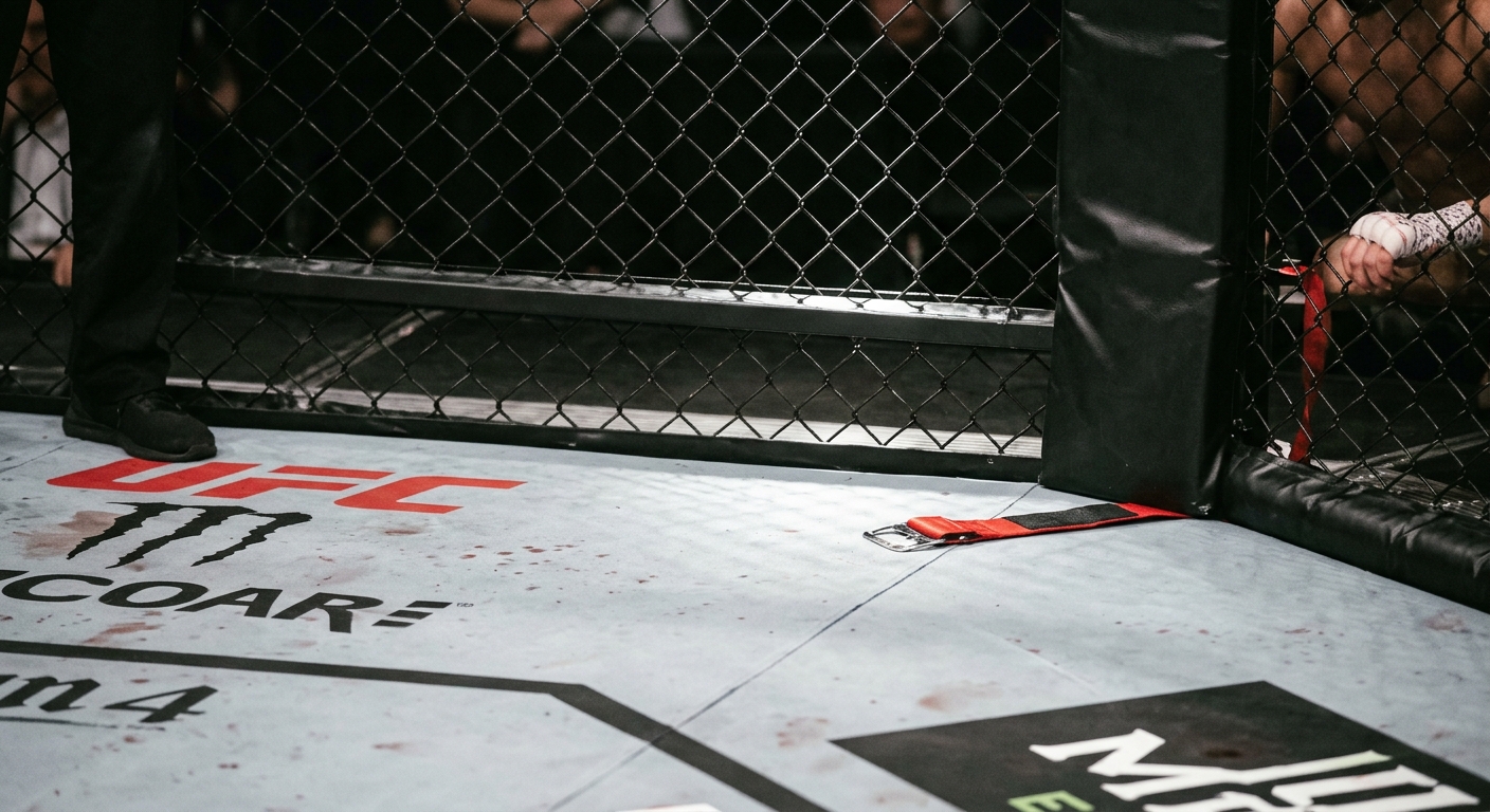 A close-up view of a UFC octagon with a focus on the mat and cage.