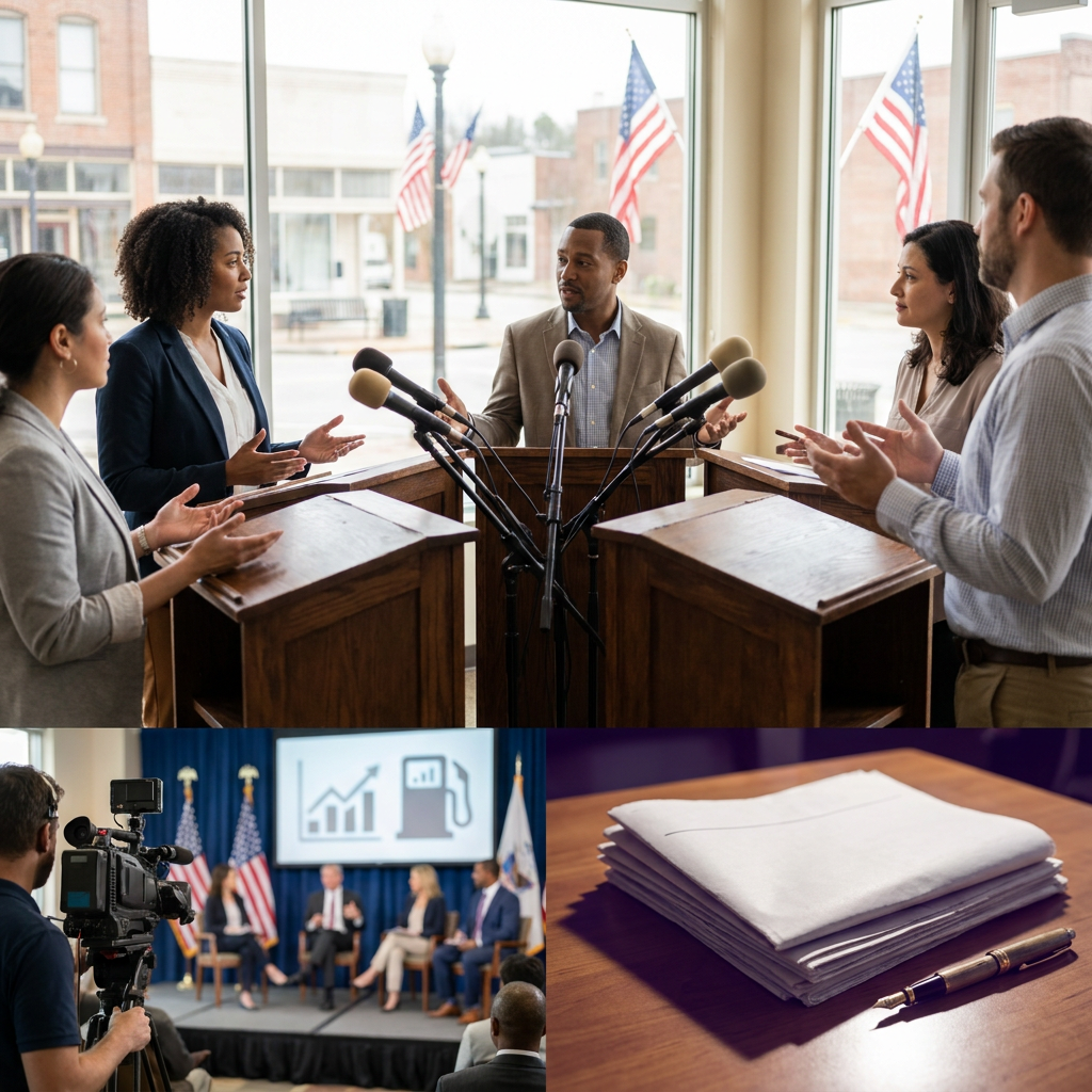 A group of people engaged in a discussion at a press conference with microphones and American flags in the background.