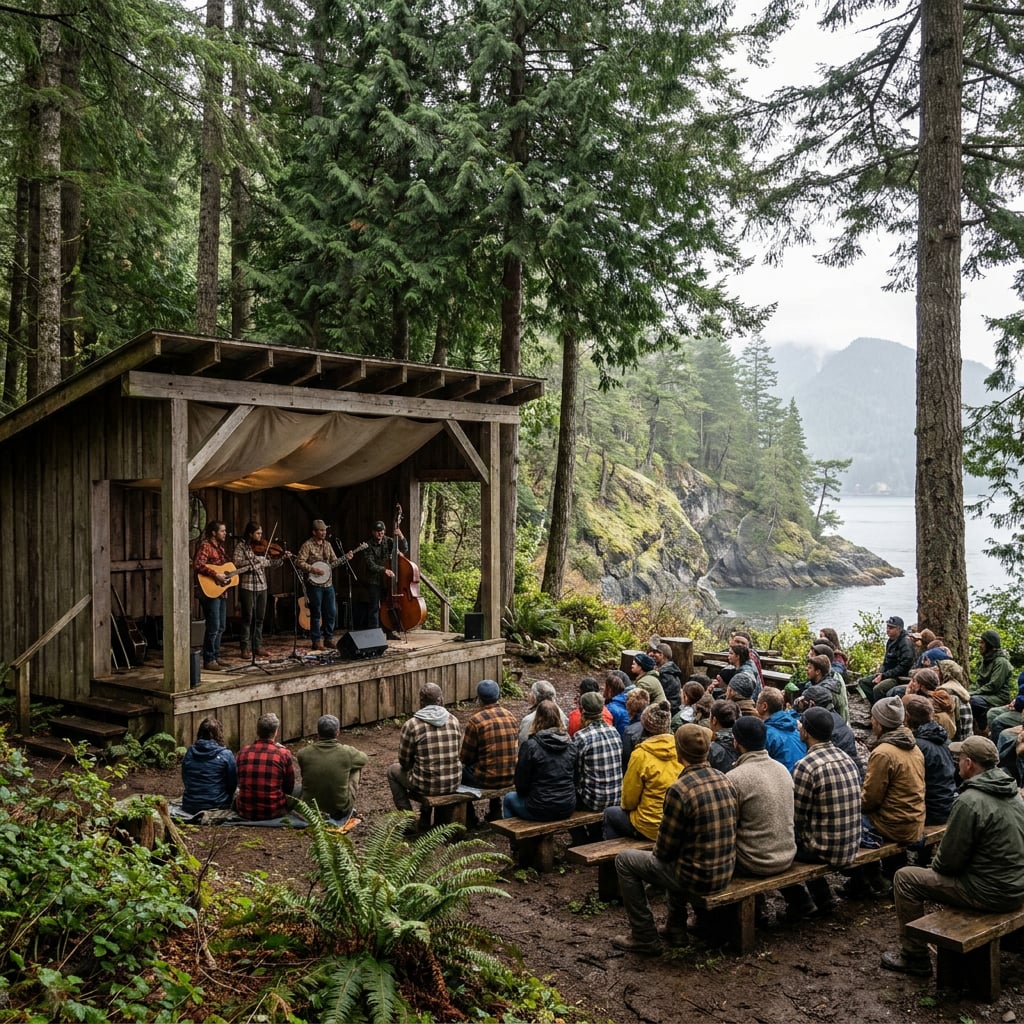 A live music performance takes place outdoors in a forested area with an audience seated on wooden benches.