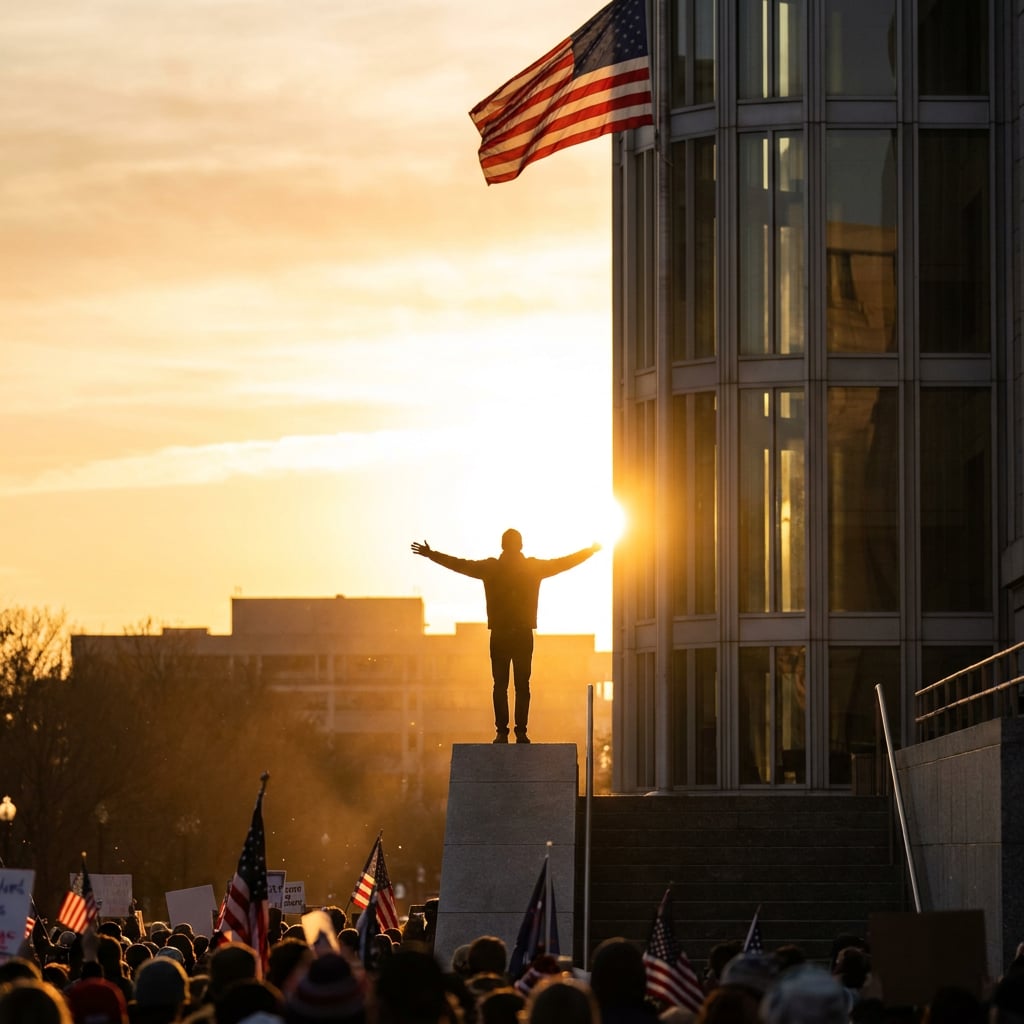 A silhouette of a person standing on a pedestal with arms outstretched against a sunset backdrop, surrounded by a crowd holding flags.