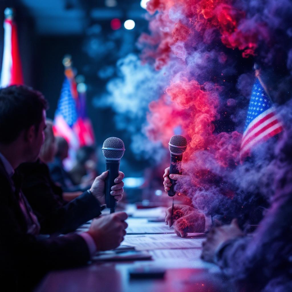 A group of people at a conference table holding microphones with colorful smoke in the background.