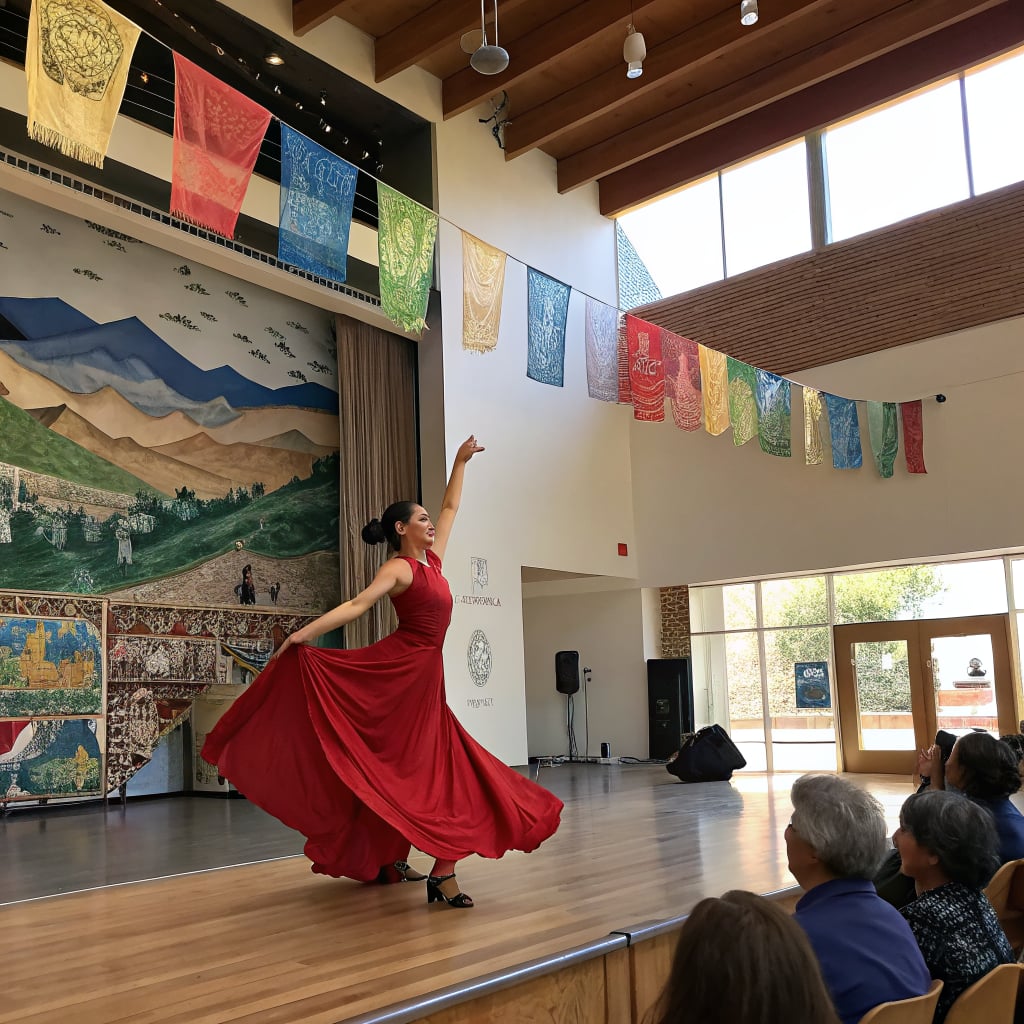 A dancer in a red dress performs on stage in front of an audience.