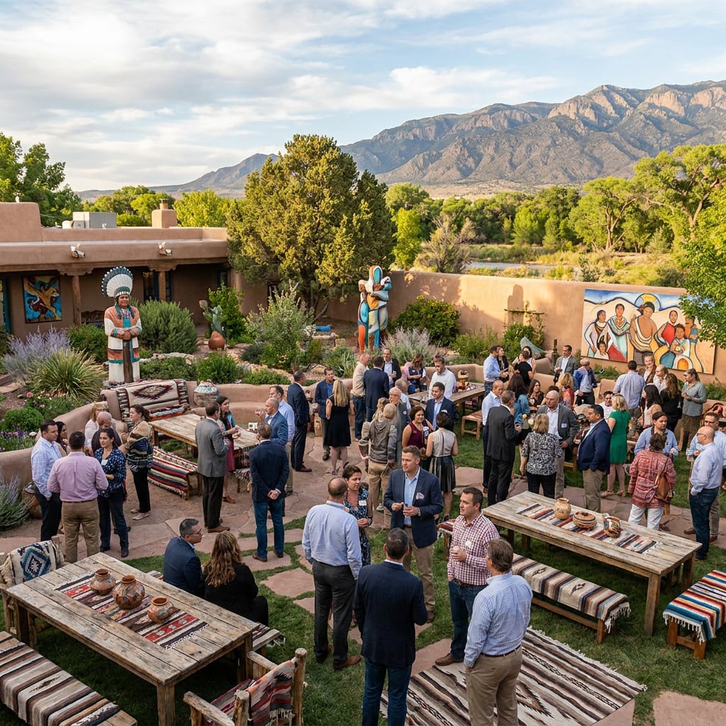 A gathering of people at an outdoor event in a scenic setting with mountains in the background.