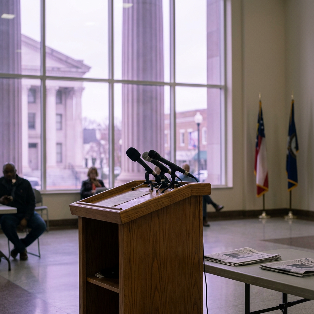 A wooden podium with microphones is set up in a room with large windows, while people are seated in the background.