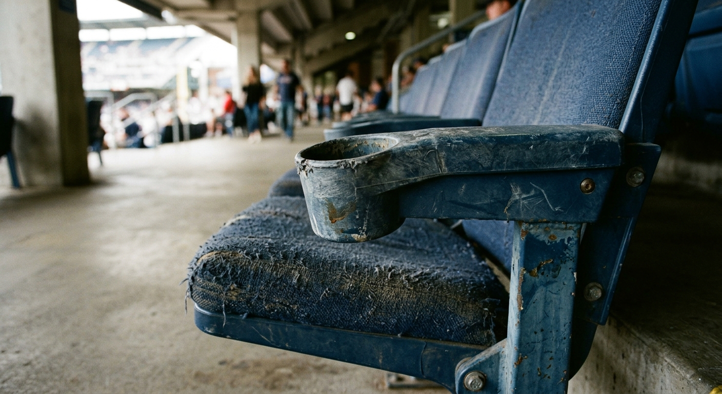A worn-out stadium seat with a cup holder in a crowded sports venue.
