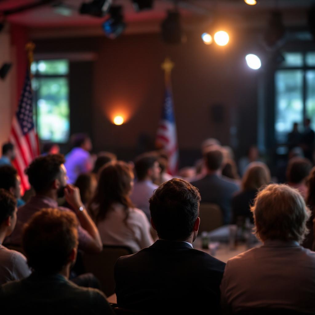 A crowd of people seated in a dimly lit room with American flags in the background.
