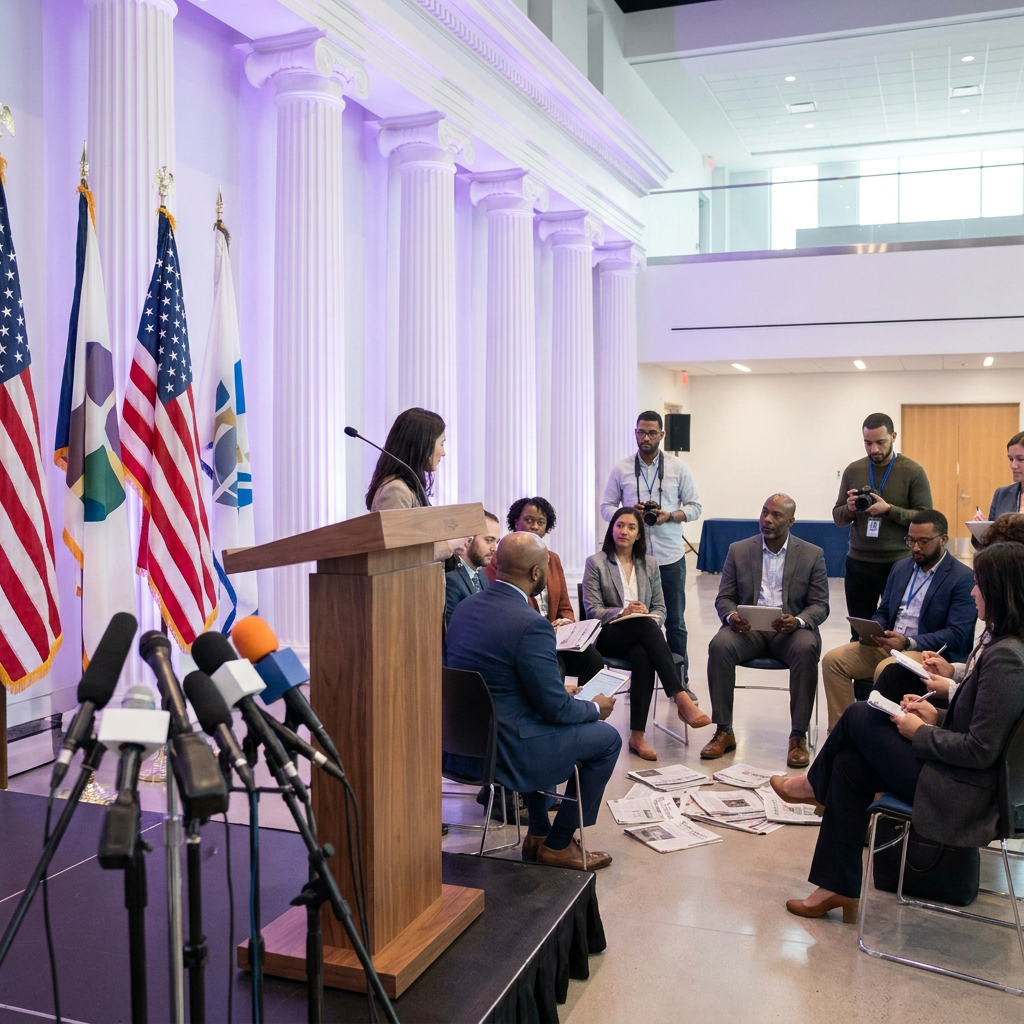 A group of people engaged in a discussion at a podium with flags in the background.
