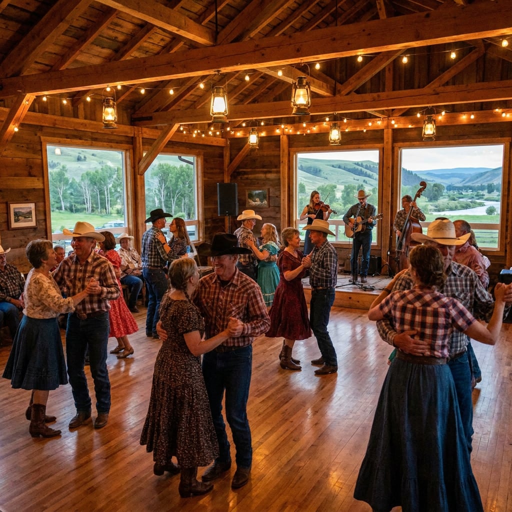 A group of people dancing in a rustic hall with wooden beams and large windows.