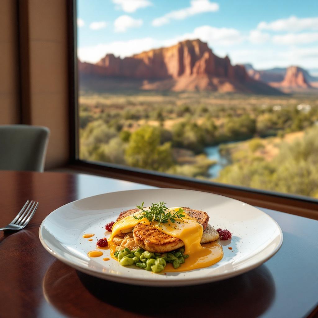 A plate of eggs benedict is served with a scenic view of mountains and a river in the background.