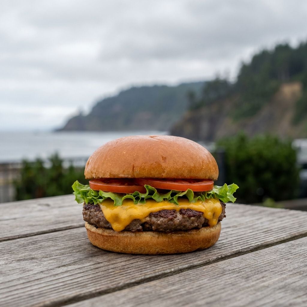 A cheeseburger with lettuce and tomato is placed on a wooden table with a coastal background.
