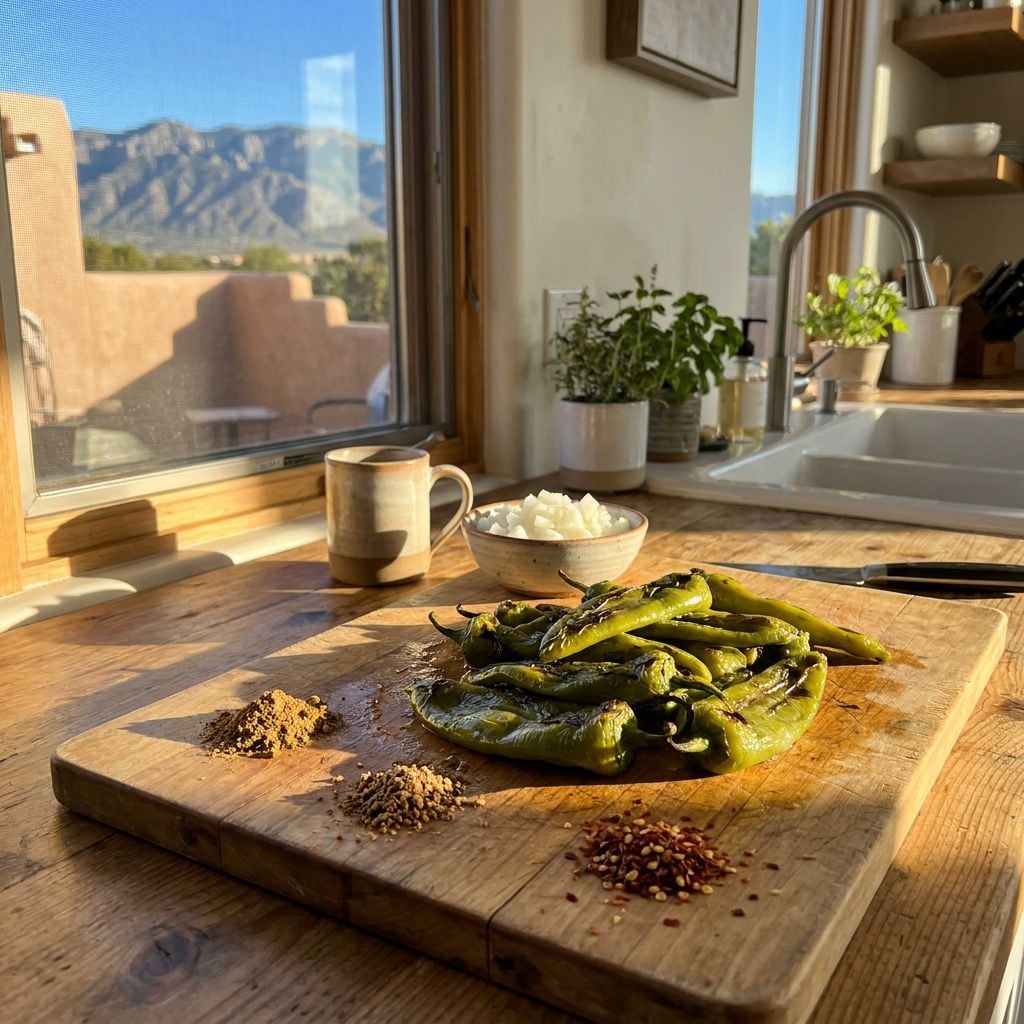 A wooden cutting board with roasted green peppers and spices is placed in a kitchen with a mountain view.