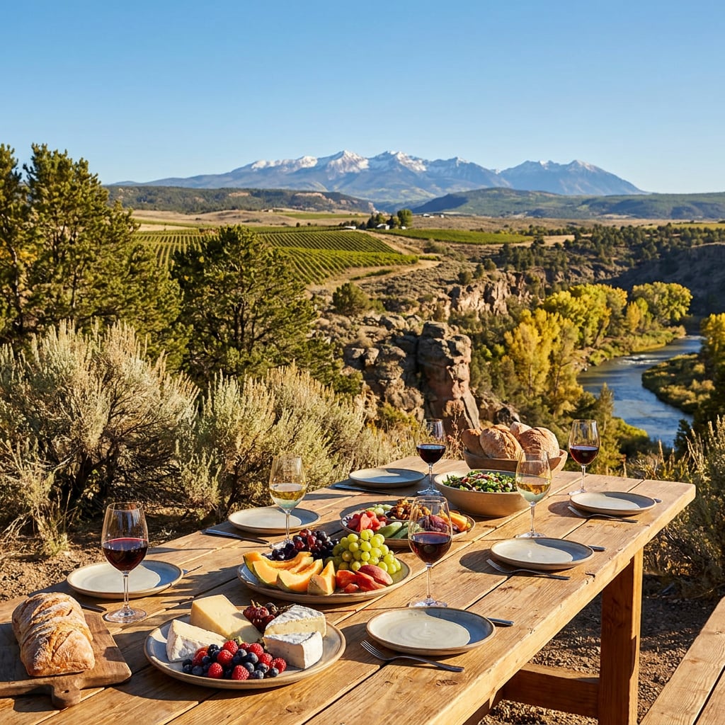 A beautifully set outdoor dining table with various foods and drinks, overlooking a scenic landscape with mountains and a river.