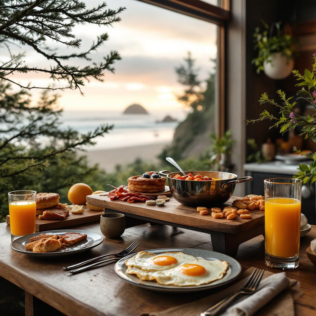 A beautifully arranged breakfast table with various dishes and drinks overlooking a beach view.