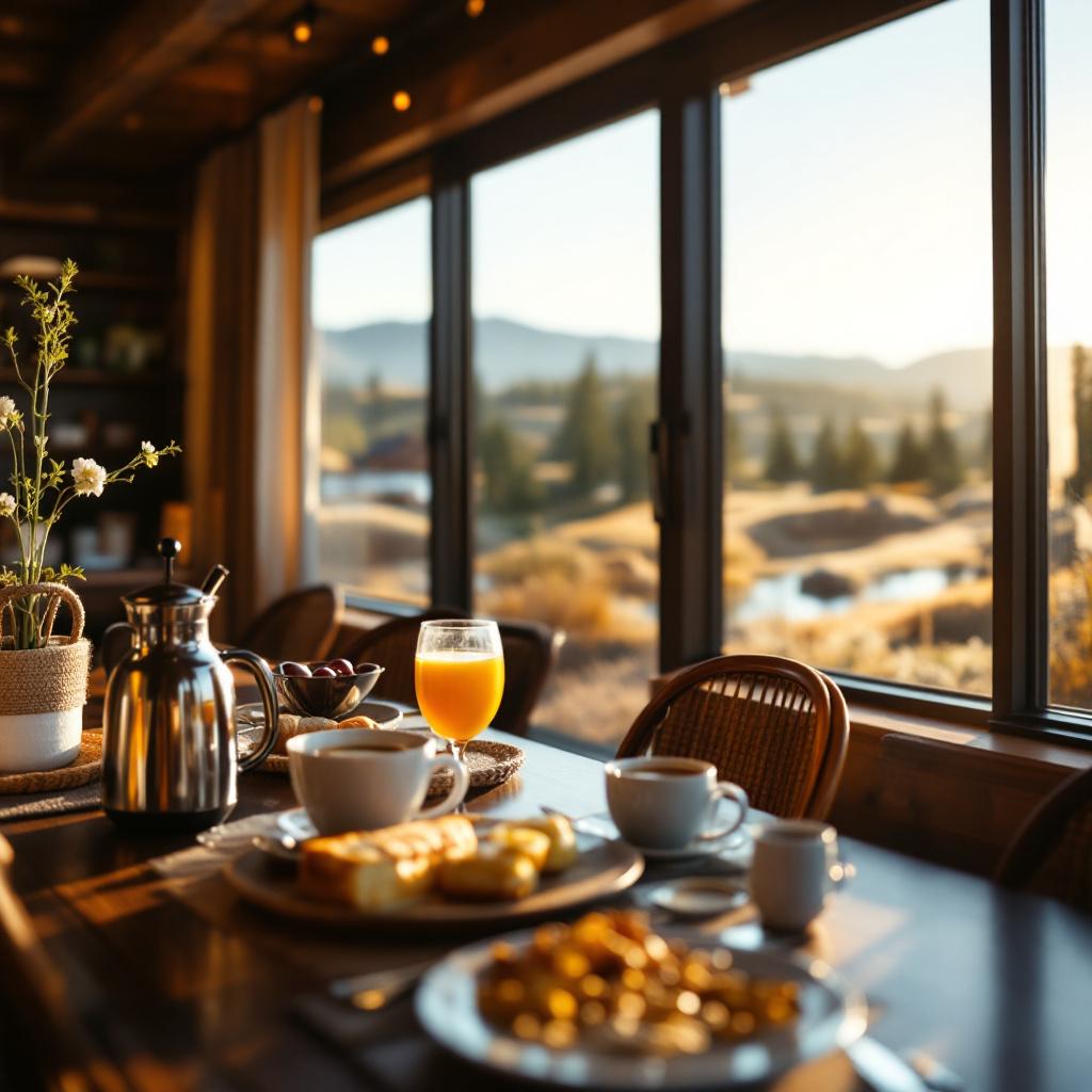 A breakfast table set with food and drinks, overlooking a scenic view through large windows.