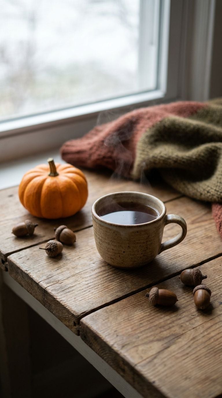 A steaming cup of coffee sits on a wooden table next to a small pumpkin and acorns.