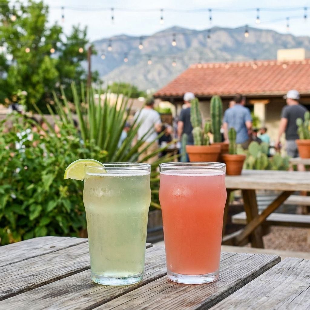 Two colorful cocktails are placed on a wooden table with a blurred background of people and mountains.