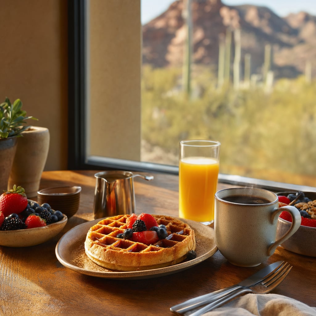 A breakfast scene featuring a waffle topped with berries, a glass of orange juice, and a cup of coffee, with a desert landscape visible through the window.