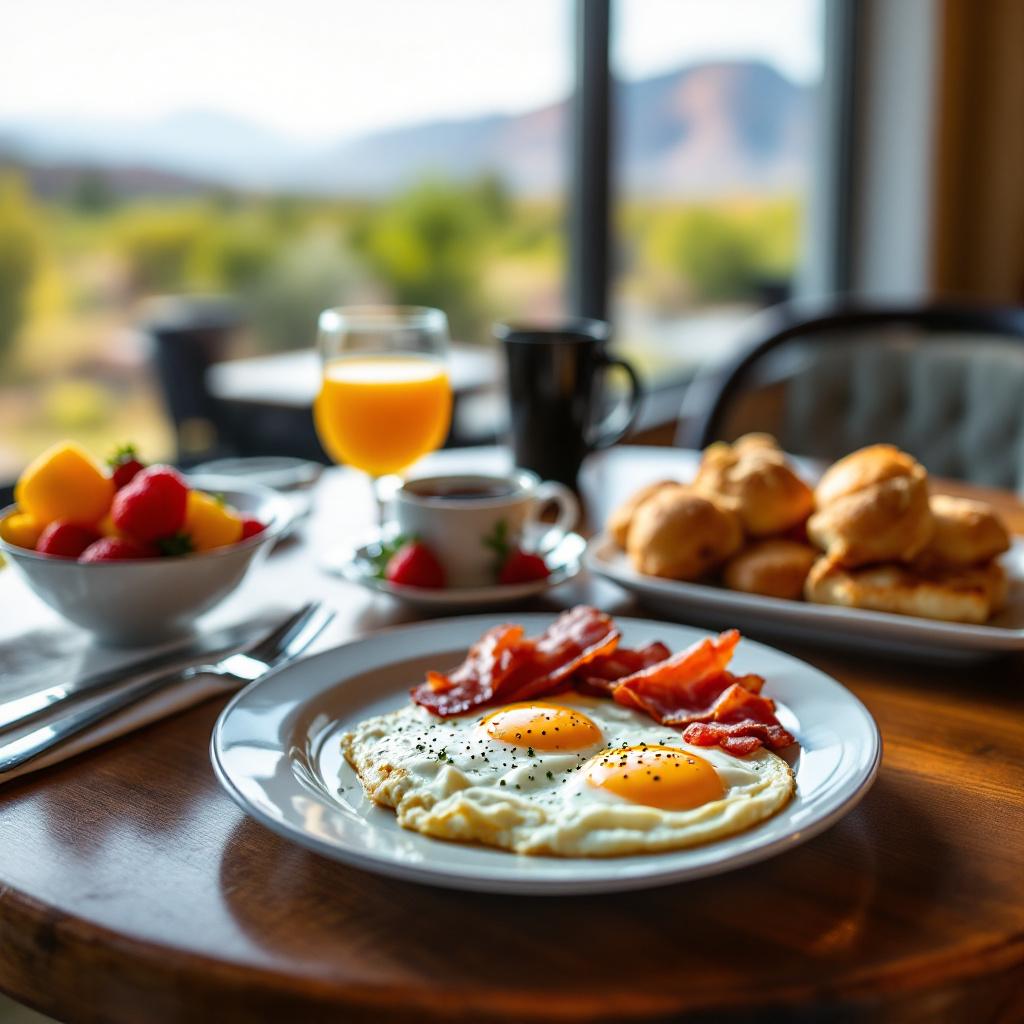 A breakfast table featuring eggs, bacon, fruit, and drinks with a scenic view in the background.