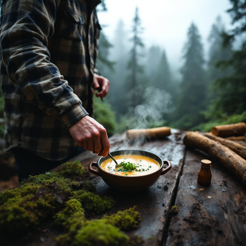A person stirring a bowl of soup on a wooden table in a misty forest.
