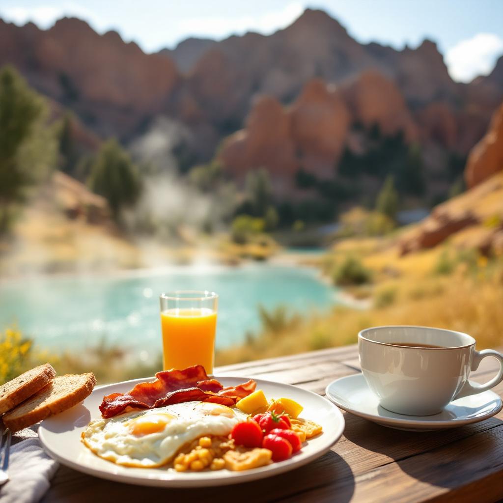 A breakfast plate with eggs, bacon, tomatoes, and toast is set on a table with a scenic view of mountains and a lake in the background.