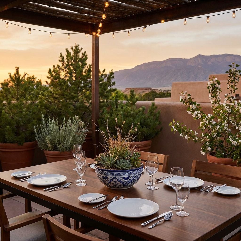 A beautifully set outdoor dining table with a view of mountains at sunset.