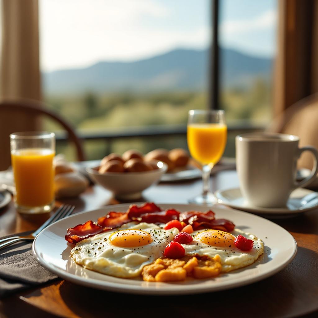 A breakfast plate featuring eggs, bacon, and fruit, with a scenic view in the background.