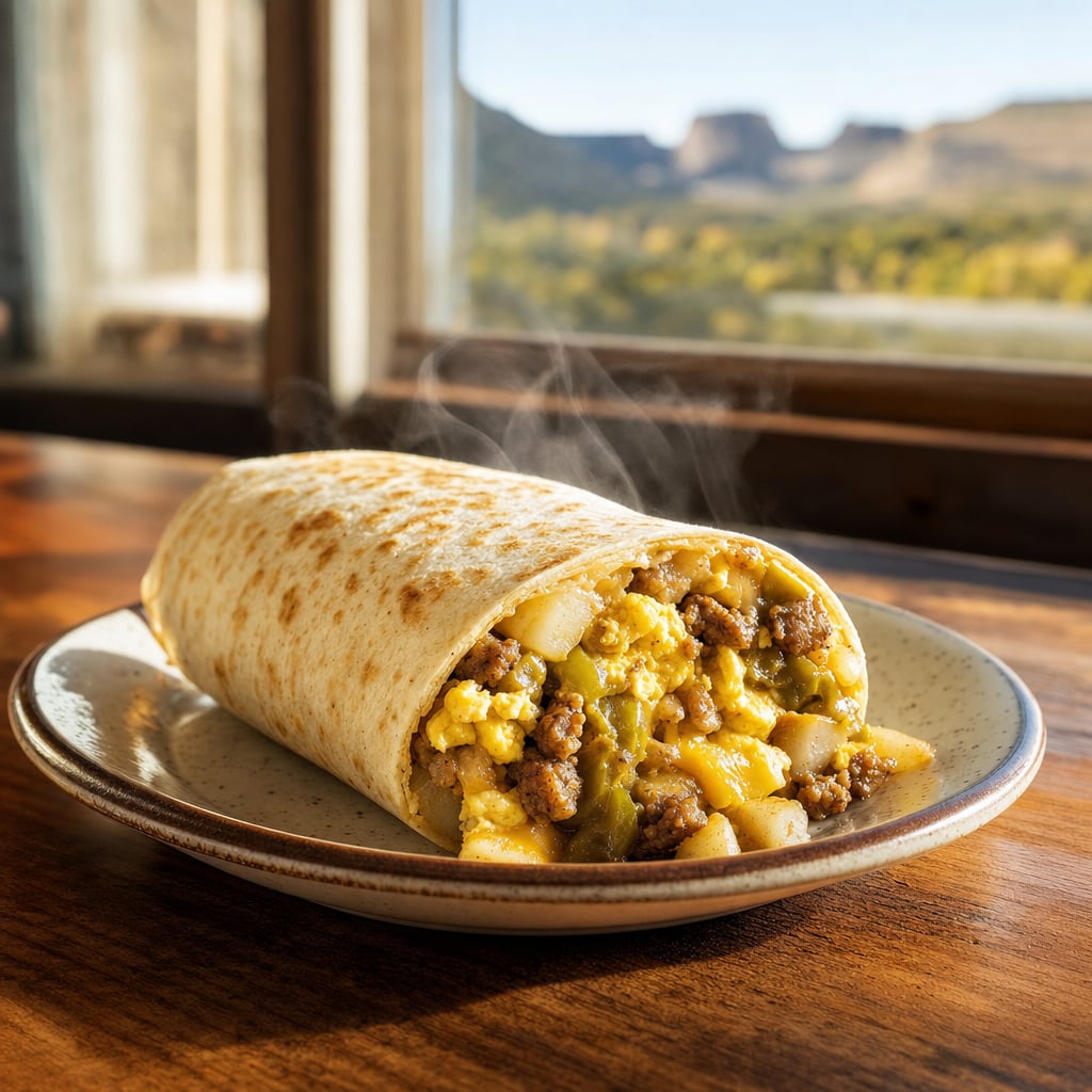 A steaming breakfast burrito filled with eggs, potatoes, and sausage on a plate.