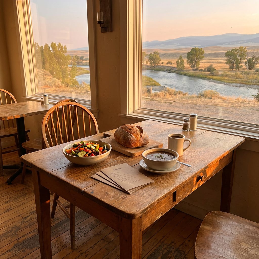 A rustic dining table set with a bowl of salad, a bowl of soup, a loaf of bread, and a scenic view of a river and landscape through large windows.