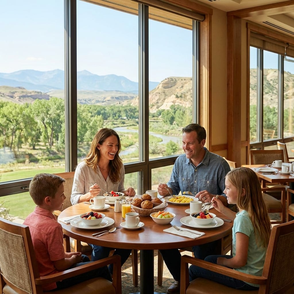 A family enjoys breakfast together at a table with a scenic view.