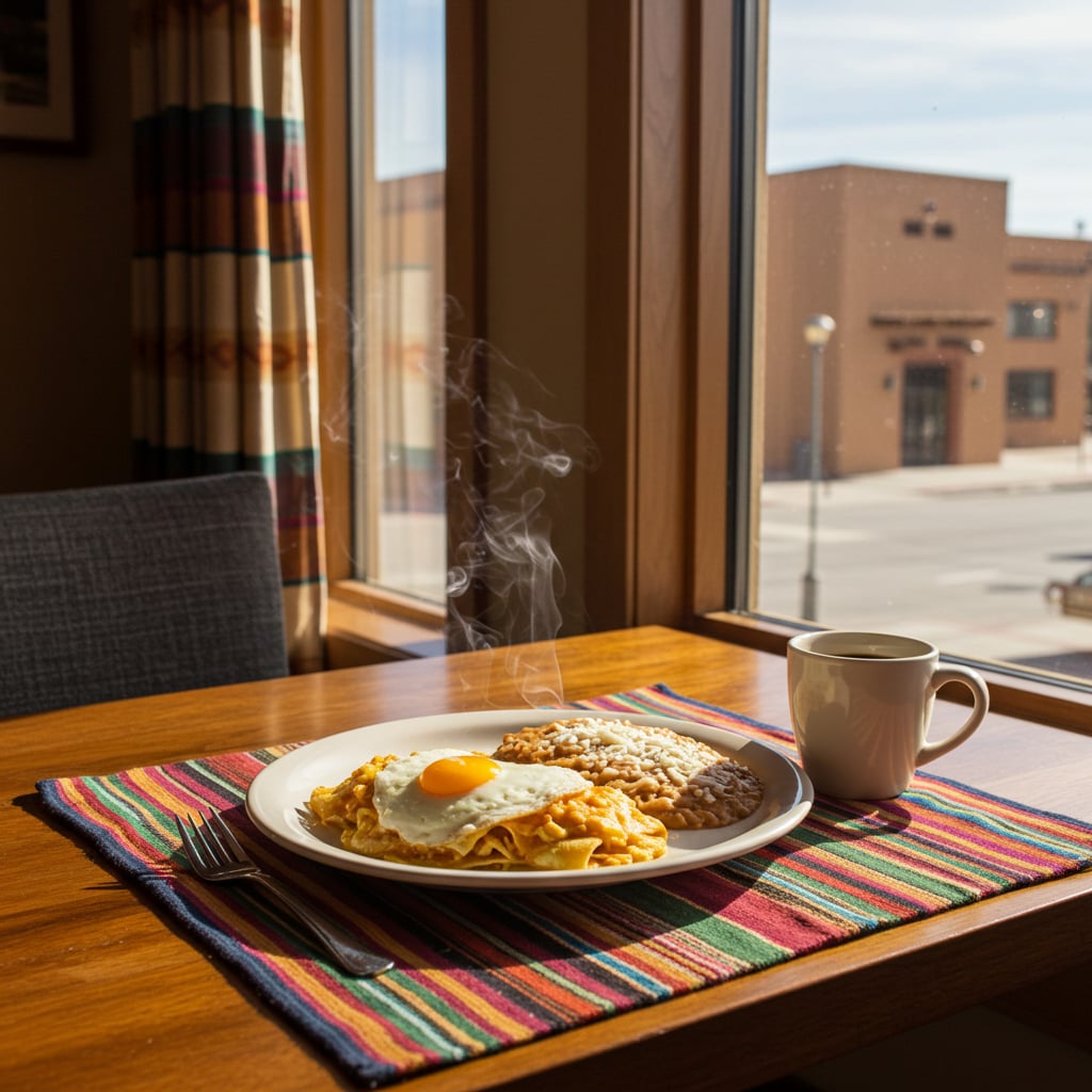A plate of breakfast with eggs and rice next to a cup of coffee on a table by a window.