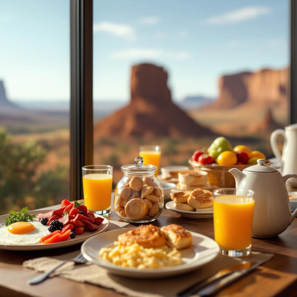 A breakfast table set with various foods and drinks, overlooking a scenic landscape.