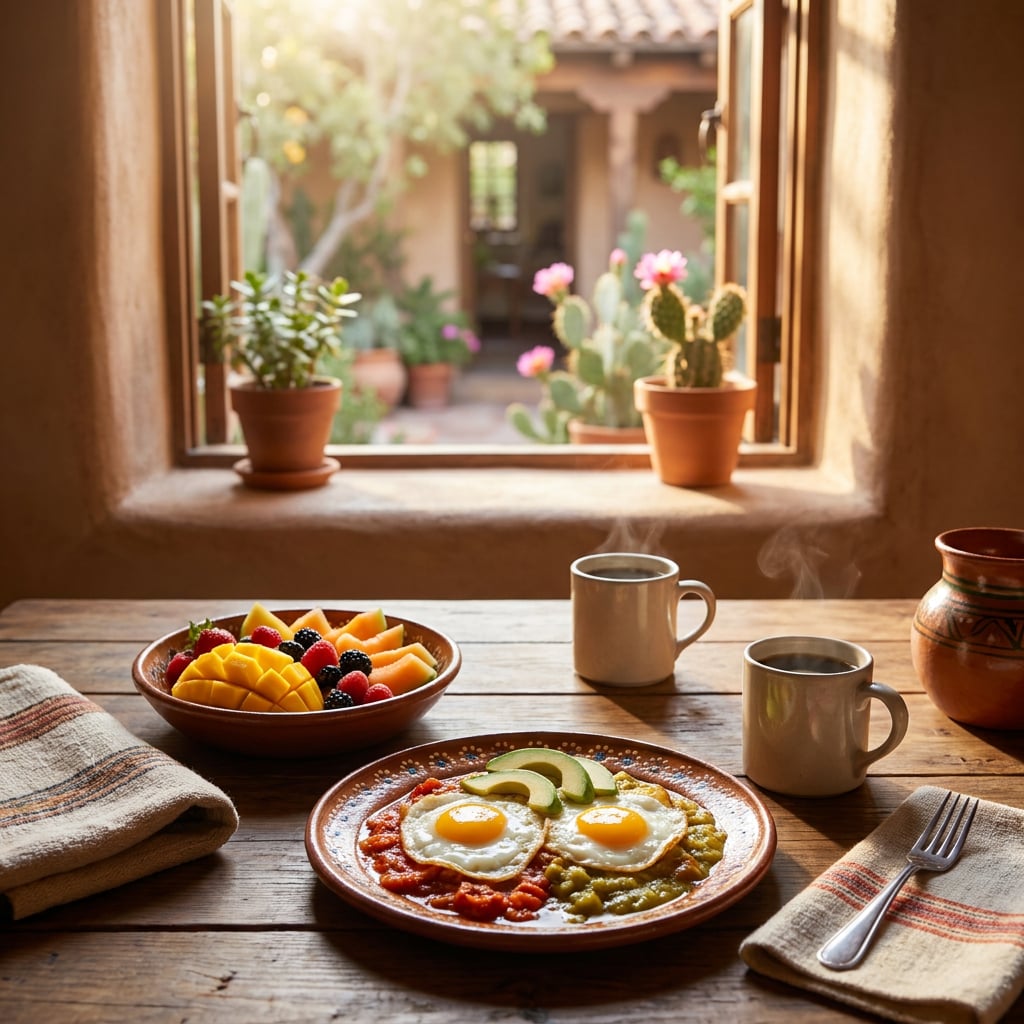 A breakfast spread featuring eggs, fruit, and coffee on a wooden table by a window.