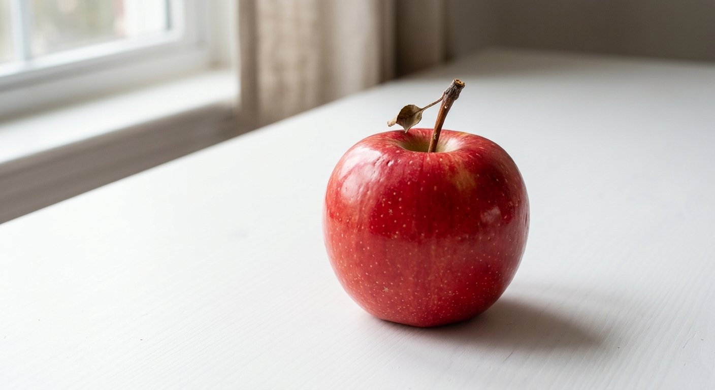 A single red apple on a white table.