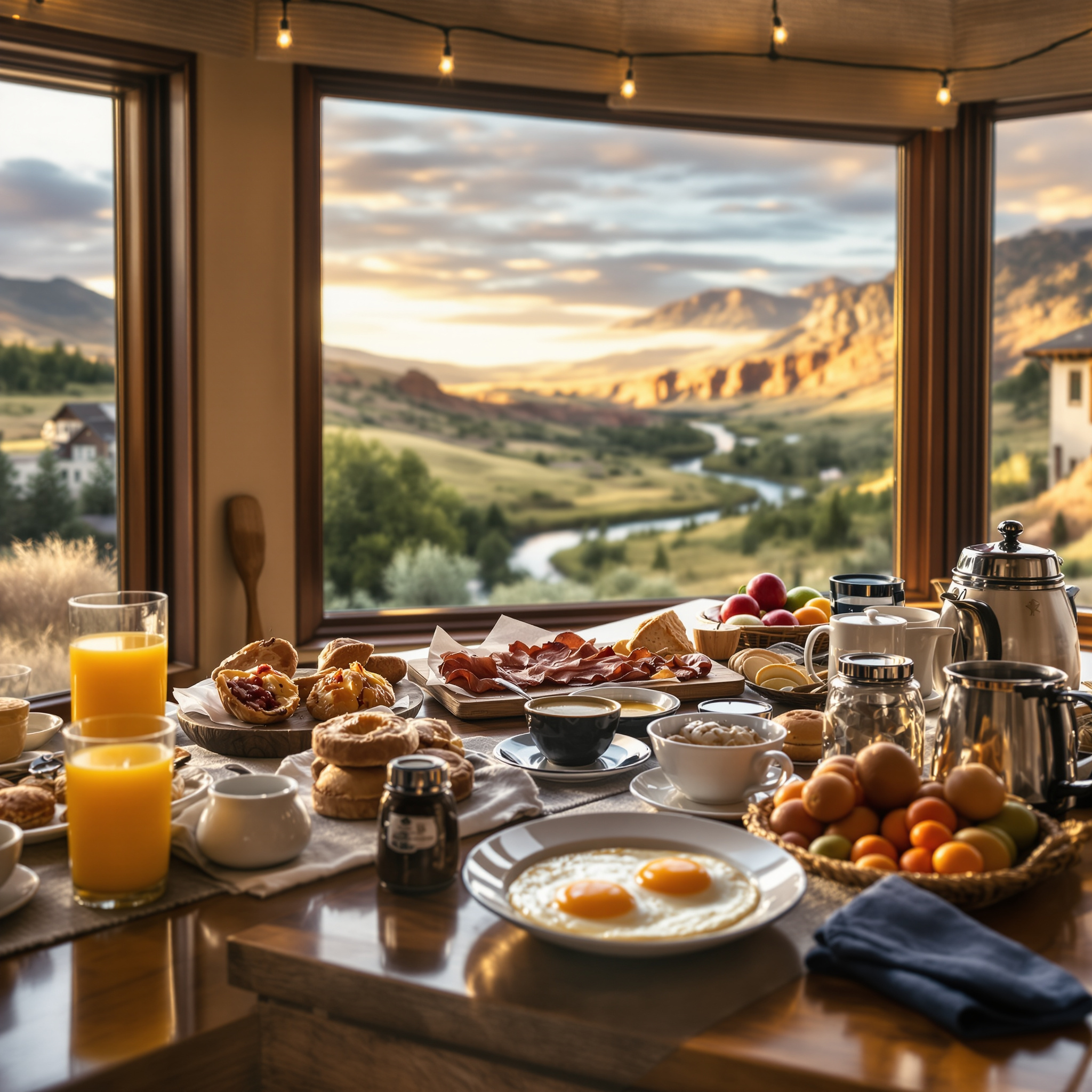A breakfast spread featuring eggs, pastries, fruits, and beverages with a scenic view of mountains and a river in the background.