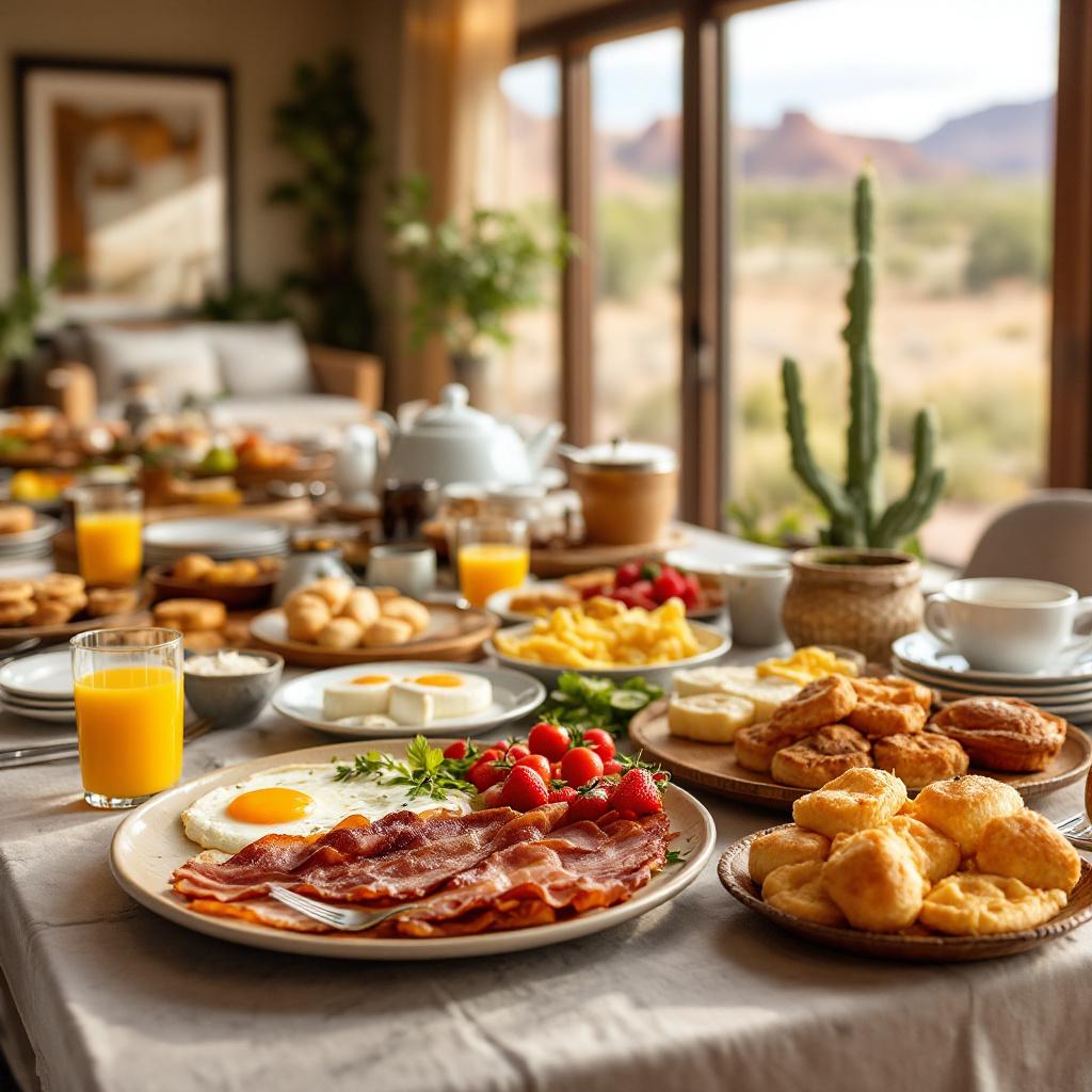 A beautifully arranged breakfast table featuring various foods and drinks.