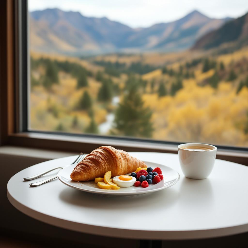 A breakfast plate with a croissant, fruit, and a cup of coffee is set on a table with a mountain view in the background.