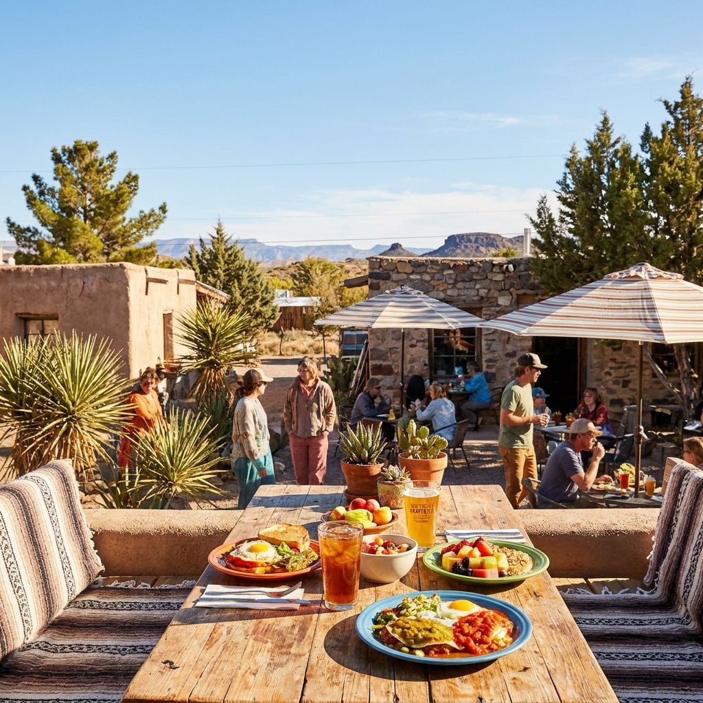 A vibrant outdoor dining scene featuring colorful plates of food with people socializing in the background.