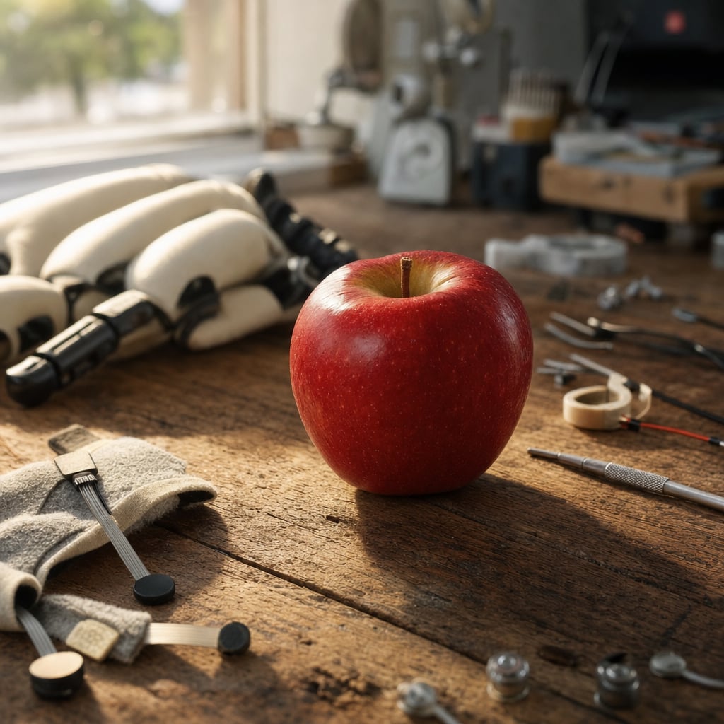 A red apple sits on a wooden table surrounded by various tools and materials.