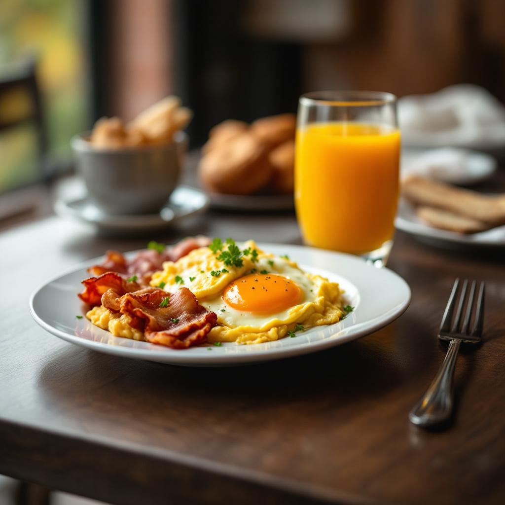 A breakfast plate featuring scrambled eggs, bacon, and a glass of orange juice.