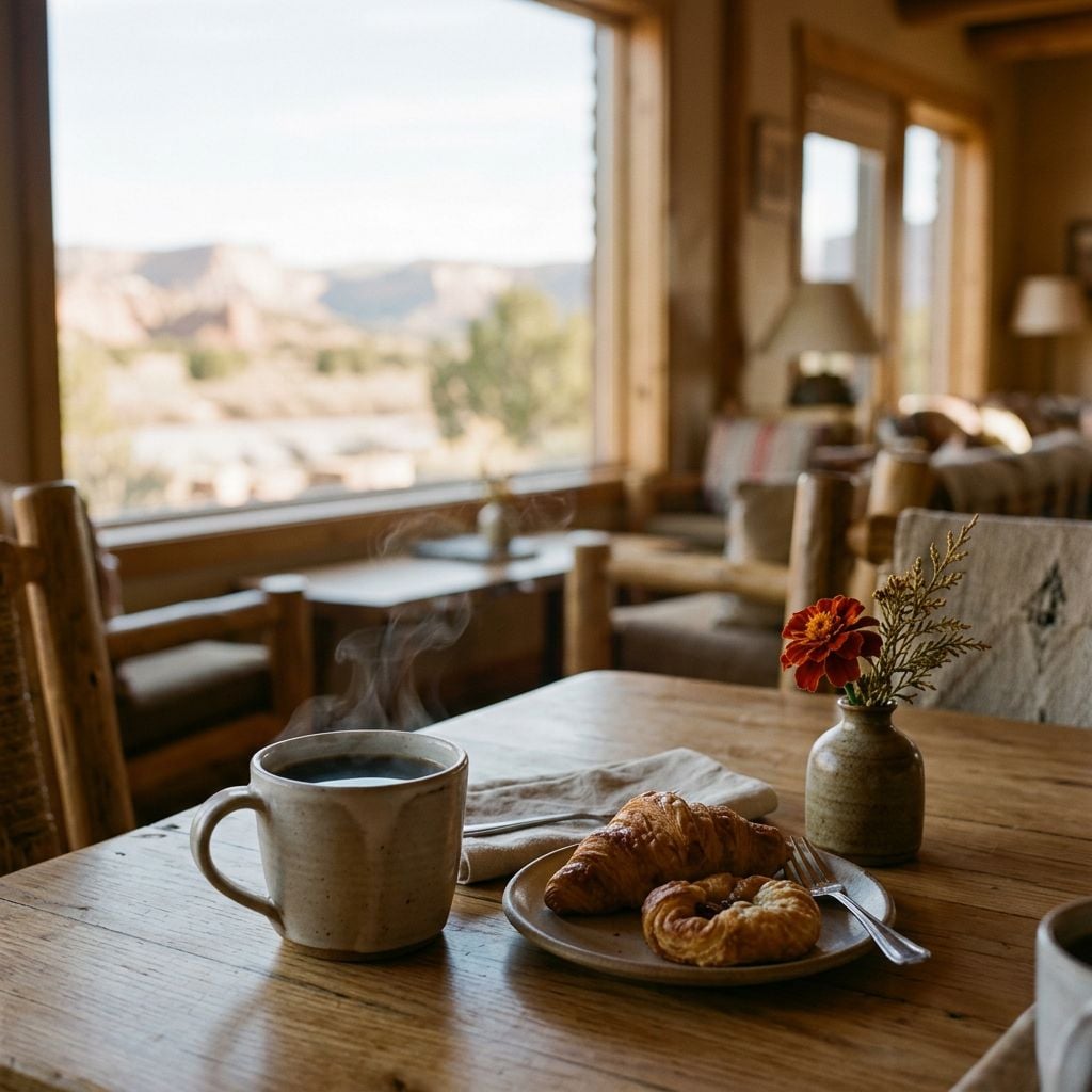 A cozy cafe setting with a steaming cup of coffee, croissants, and a small flower vase on a wooden table, overlooking a scenic landscape through a large window.