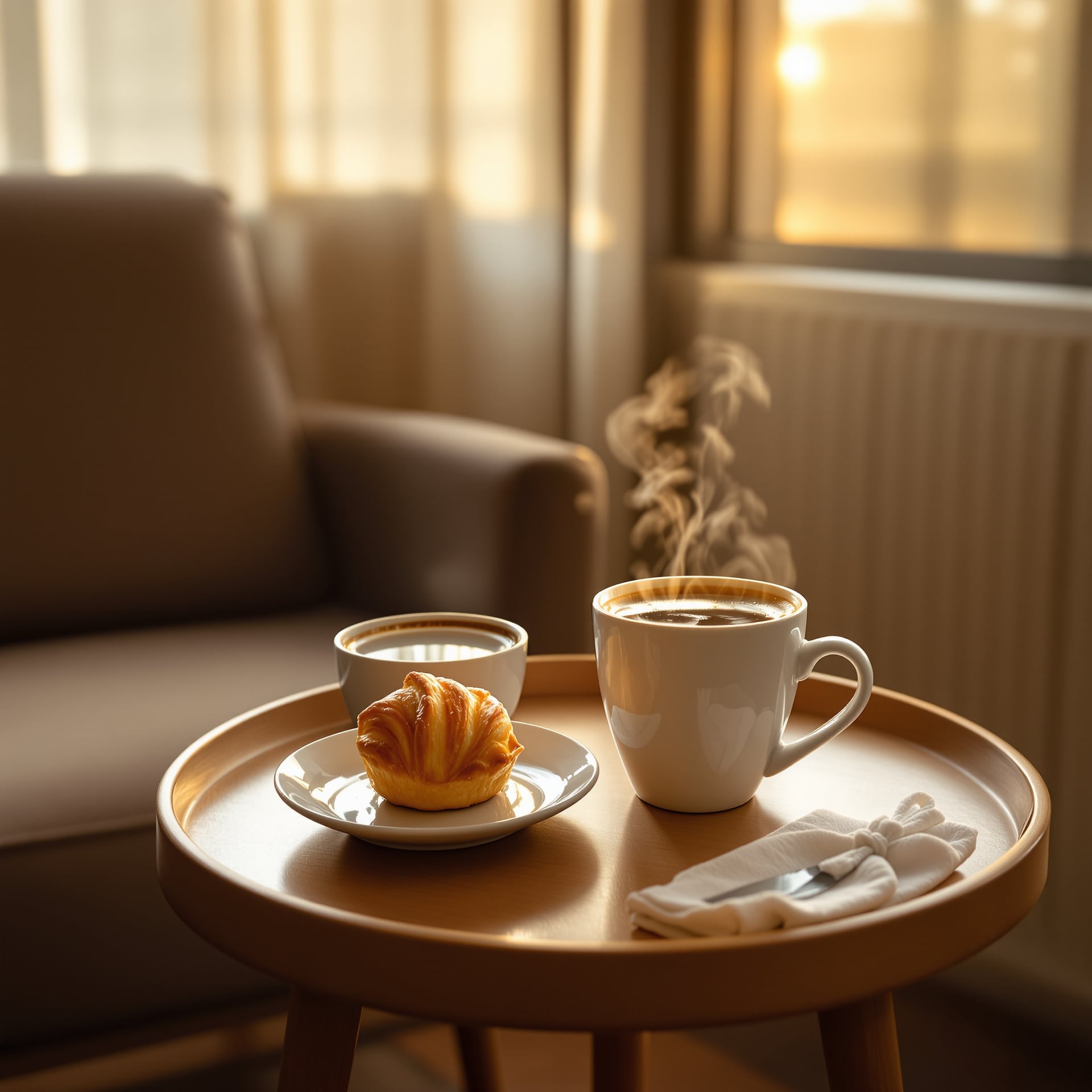 A cozy setting featuring a cup of coffee and a croissant on a wooden table.