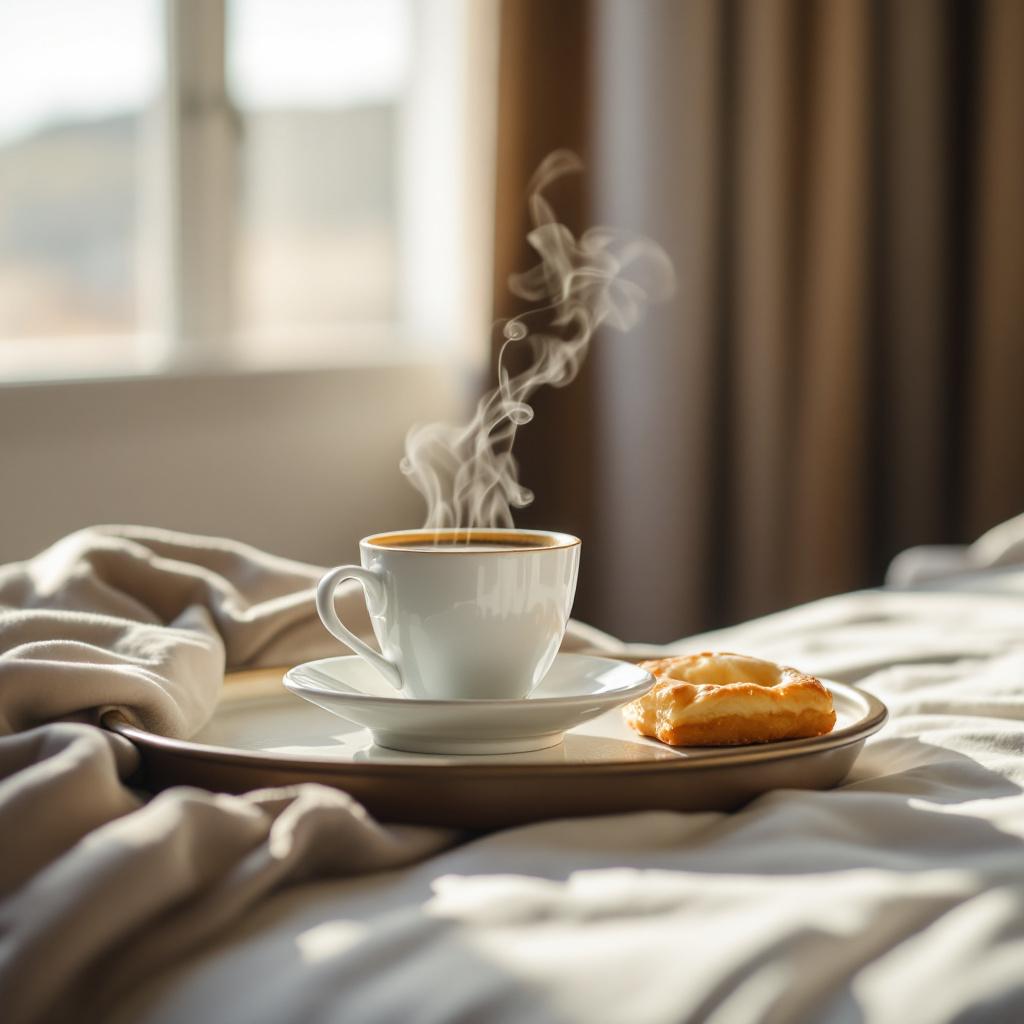 A steaming cup of coffee on a tray next to a pastry, placed on a bed.